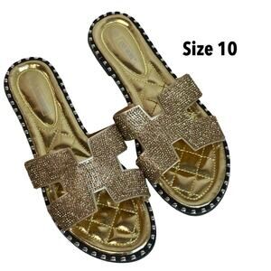Ann More Gold Rhinestone H Slide Cushioned Sandals SZ 10 $36